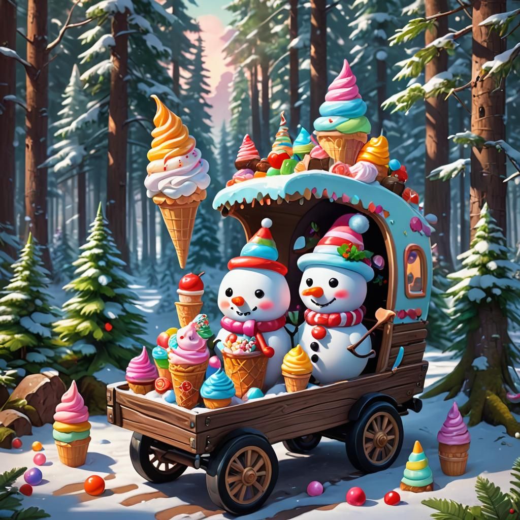 Chibi Snowman Serves Colorful Ice Cream Cones in Whimsical F...