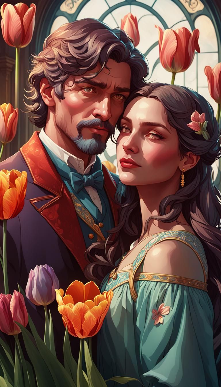 Lovers in Tulips: Hyperdetailed Portrait Art