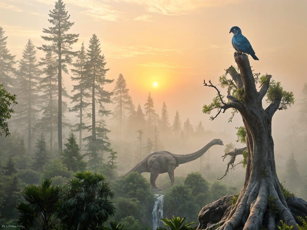 Prehistoric Landscape at Dawn with Dinosaurs
