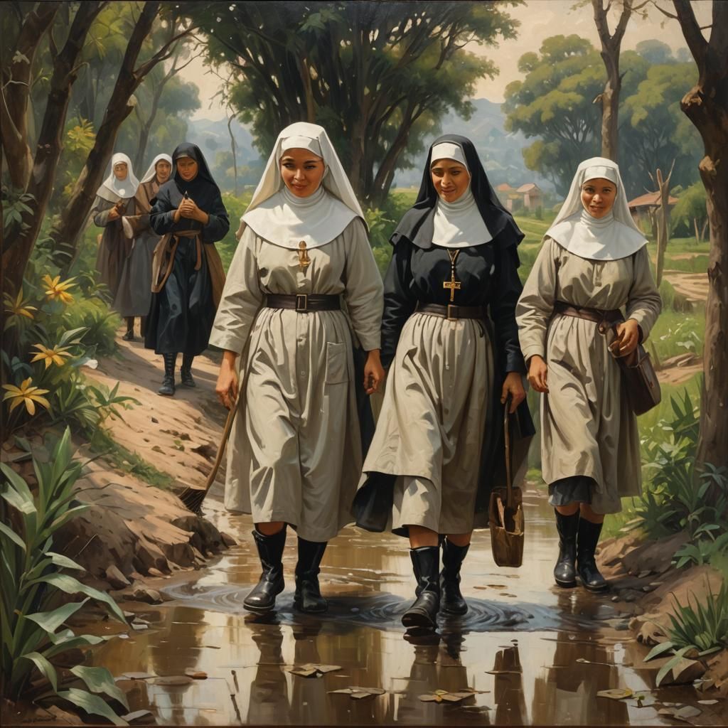 Nuns in Rubber Boots: Chiaroscuro Oil Painting