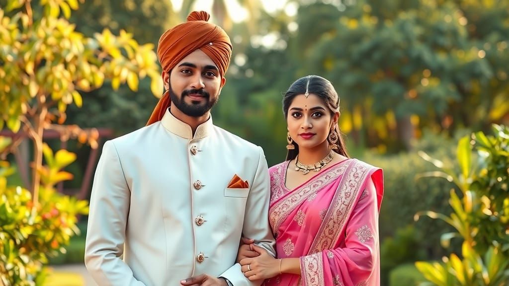 South Asian Couple in Garden, Photorealistic Style