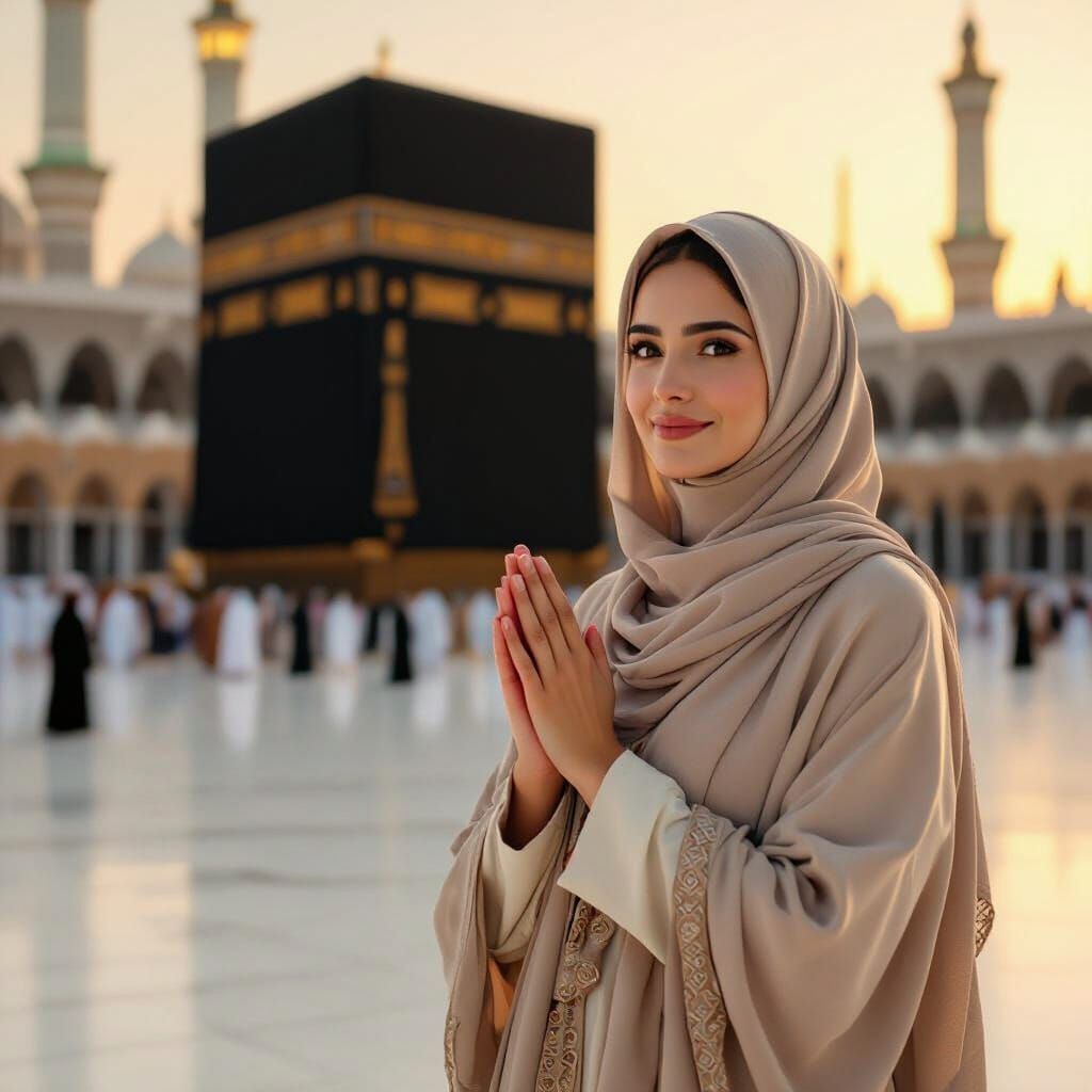 Muslim Woman's Pilgrimage to Mecca at Sunset