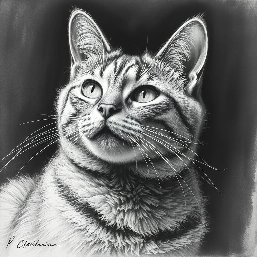 Hyperdetailed Charcoal Drawing of Cat in Mosaic Style