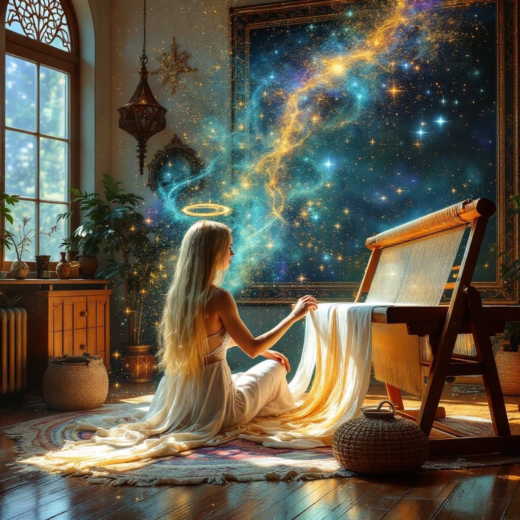 Serenely Cosmic Weaver Amidst Vibrant Textures and Ethereal...