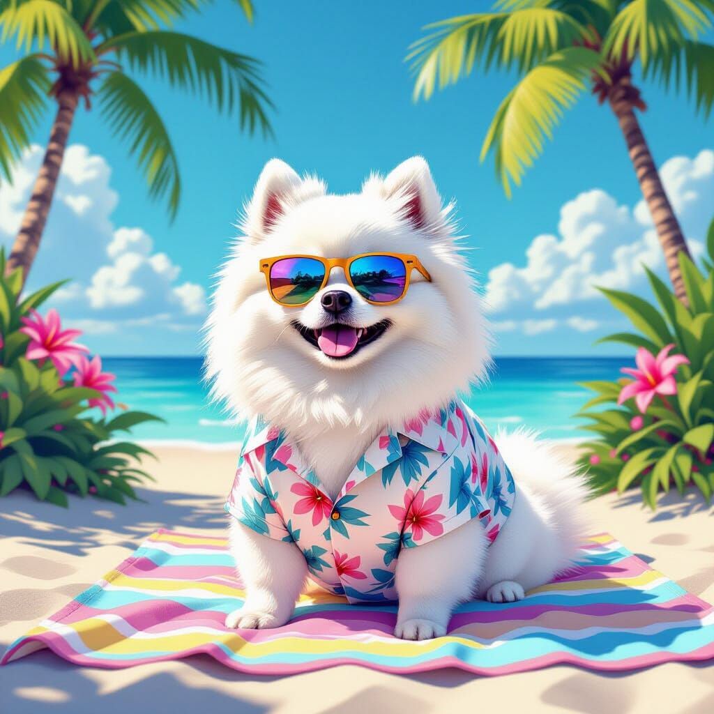Chubby Pomeranian in Hawaiian Shirt on Vaporwave Beach