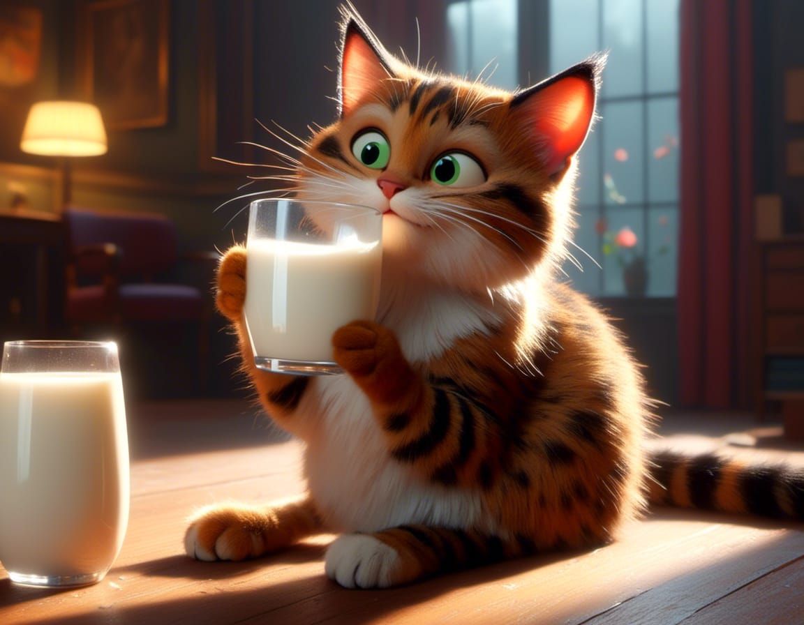 cat drinking milk from a big glass