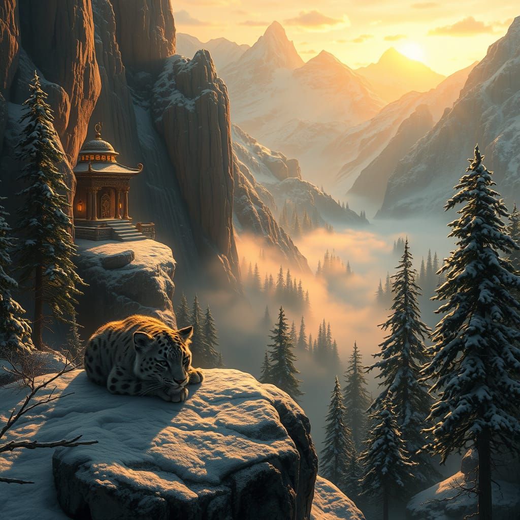 Hidden Mountain Sanctuary at Dawn with Snow Leopard Cub