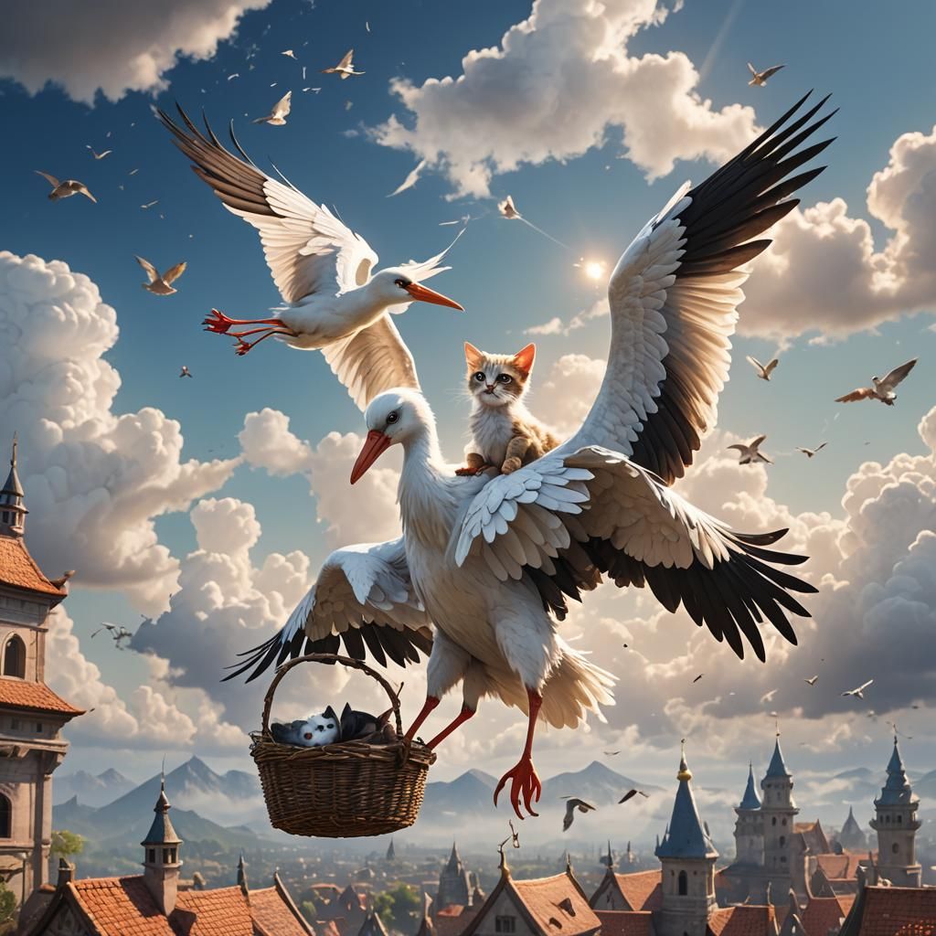 Stork Delivers Kitten in Sky: Fantasy Concept Art