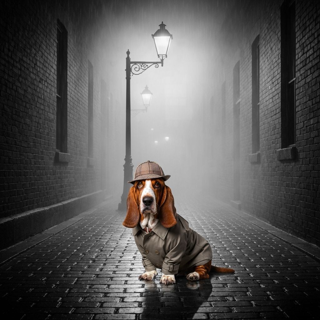 Basset Hound Detective in Noir Alleyway