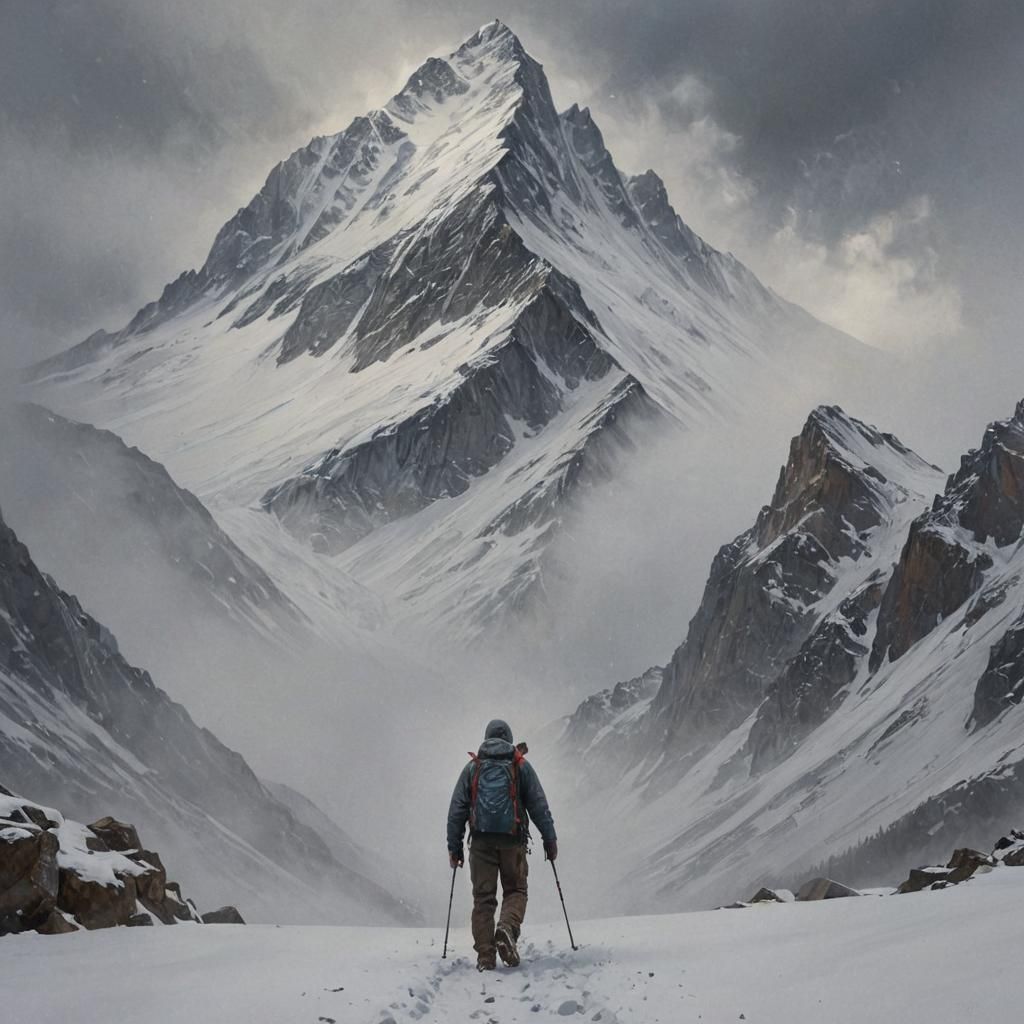 Epic Hiker Portrait in Snowy Mountain Blizzard