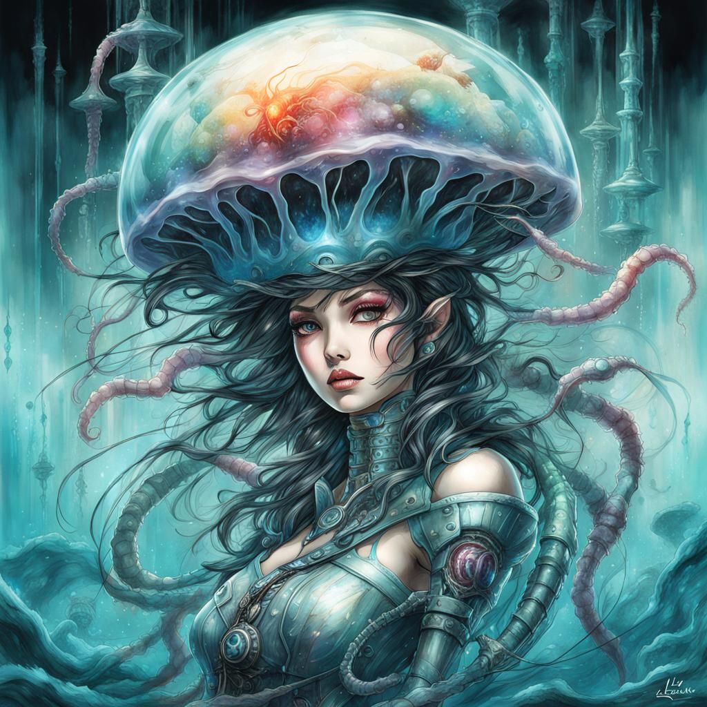 Biopunk Jellyfish Hybrid in Fantasy Lab