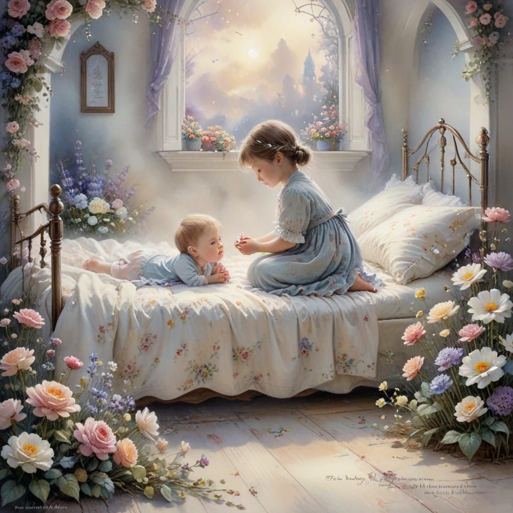 Baby Siblings Praying at Bedtime in Watercolor