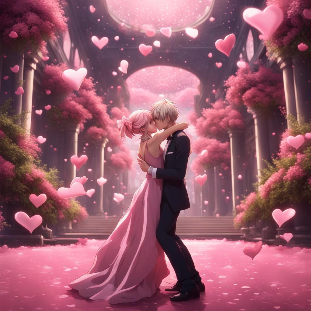 Anime Boy and Girl Kissing in a Detailed Painting