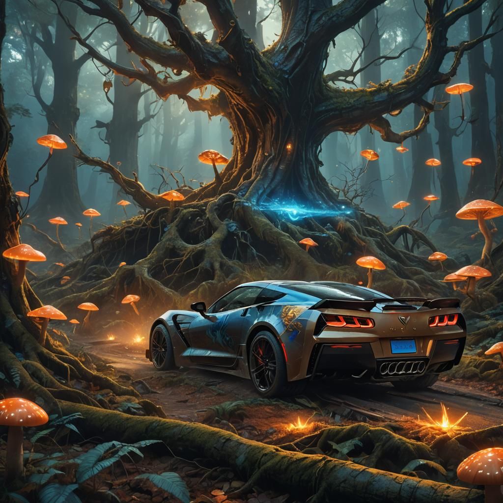 Corvette Races Through Mystical Forest