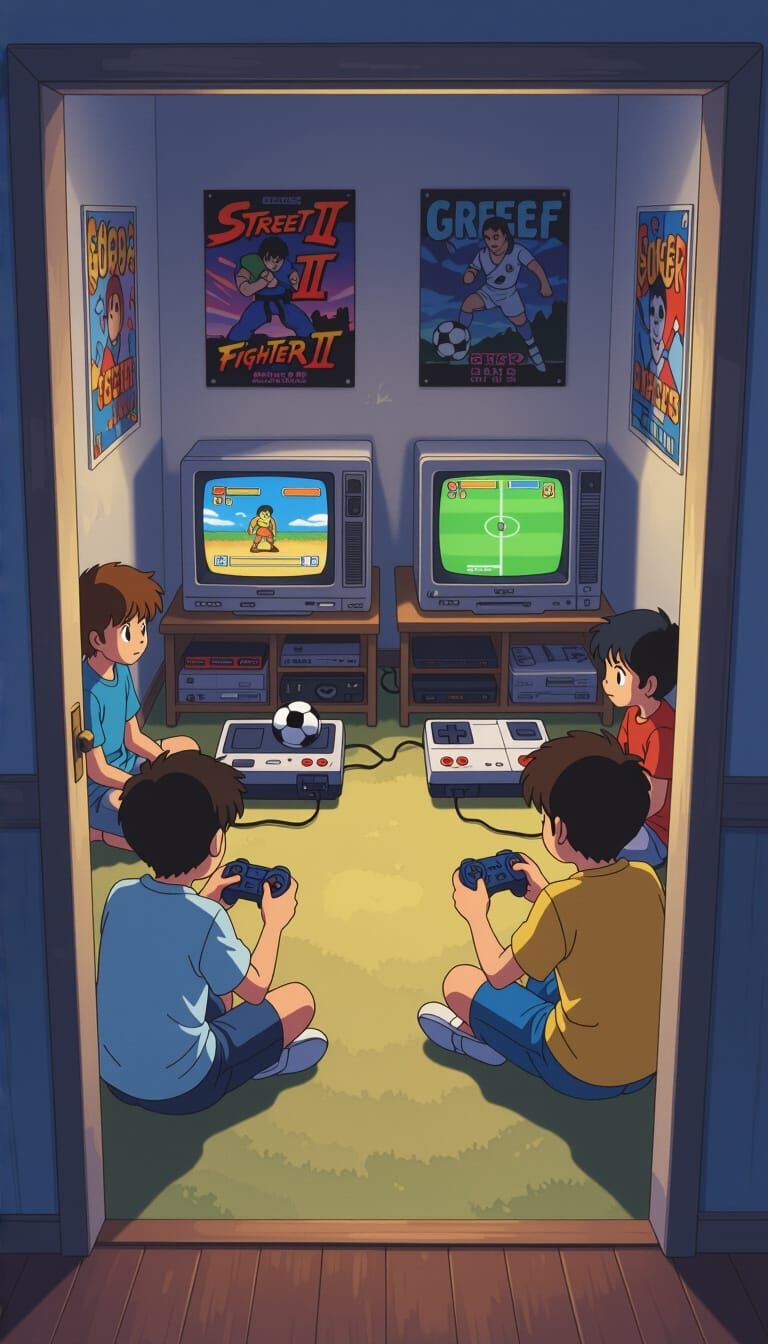 1990s Anime Scene: Kids Play Video Games in Evening Light