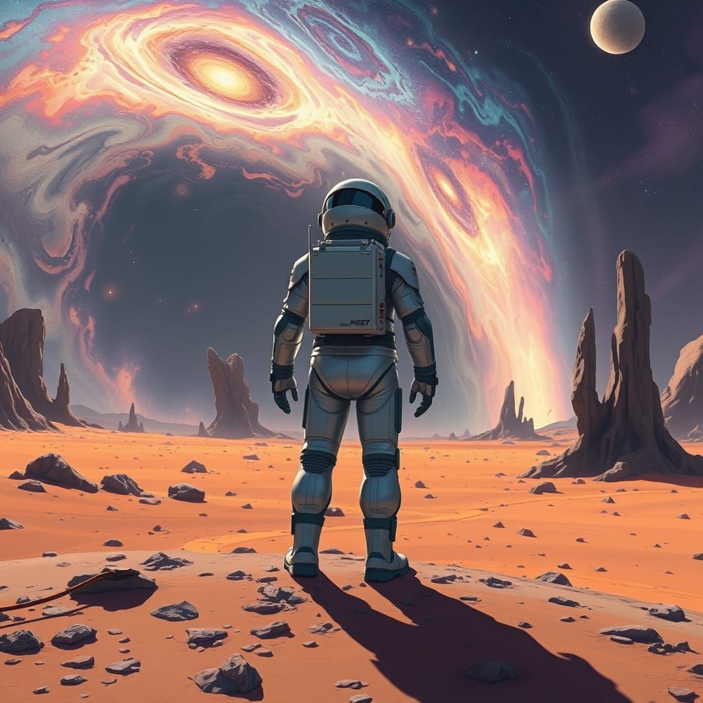 Astronaut Contemplates Swirling Nebula on Barren Alien World