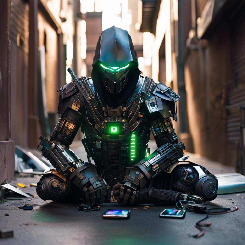 Cybernetic Ninja E-Waste Art in Trash Style