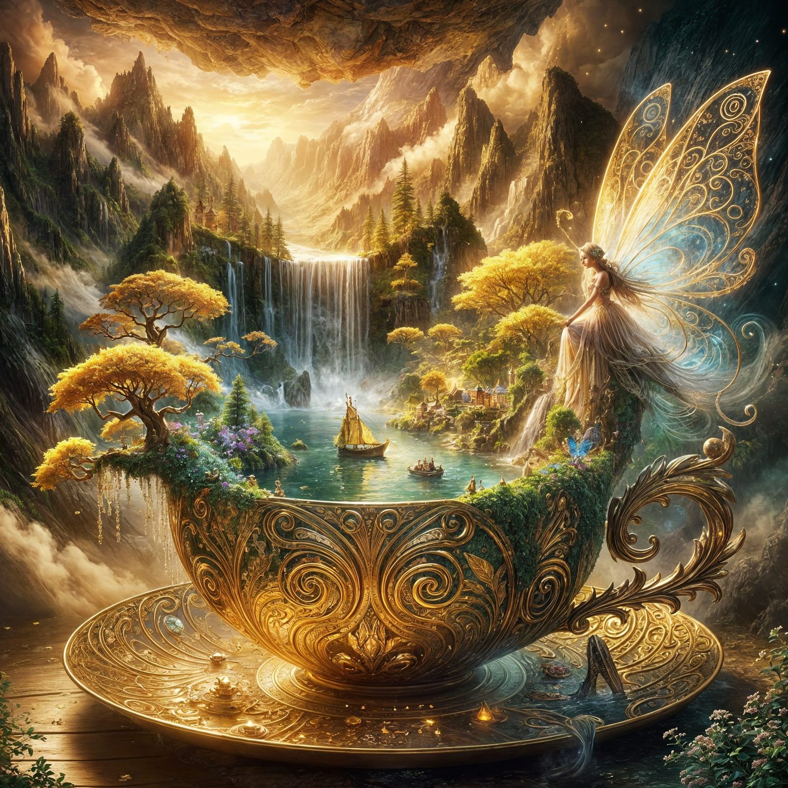 Whimsical Fairy World within a Golden Teacup