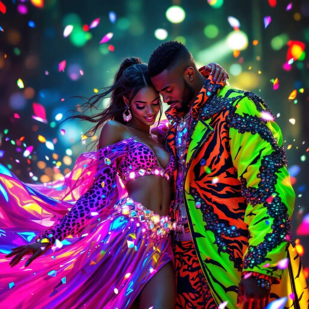 Radiant Cyberpunk Couple Embracing in Vibrant Neon