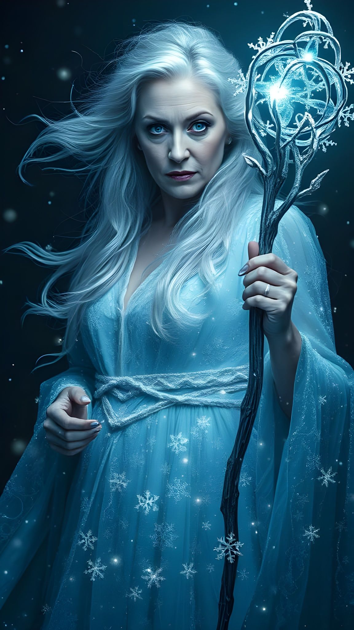 Meryl Streep as Enigmatic Winter Sorceress in Snowflake Gown