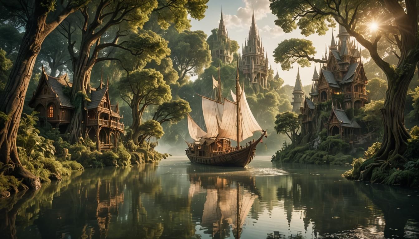 Elven Boat Glides Down Serene River: Fantasy Landscape