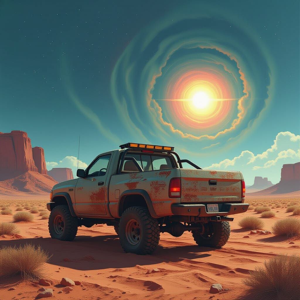Pickup Truck Gazing into Shimmering Portal