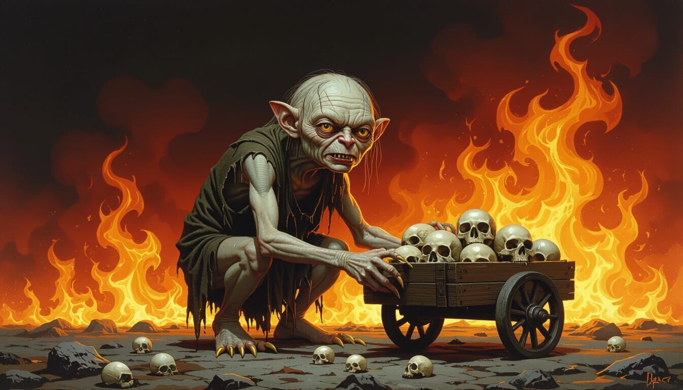 Gollum with Yellow Nails Holds Skull Wheelbarrow