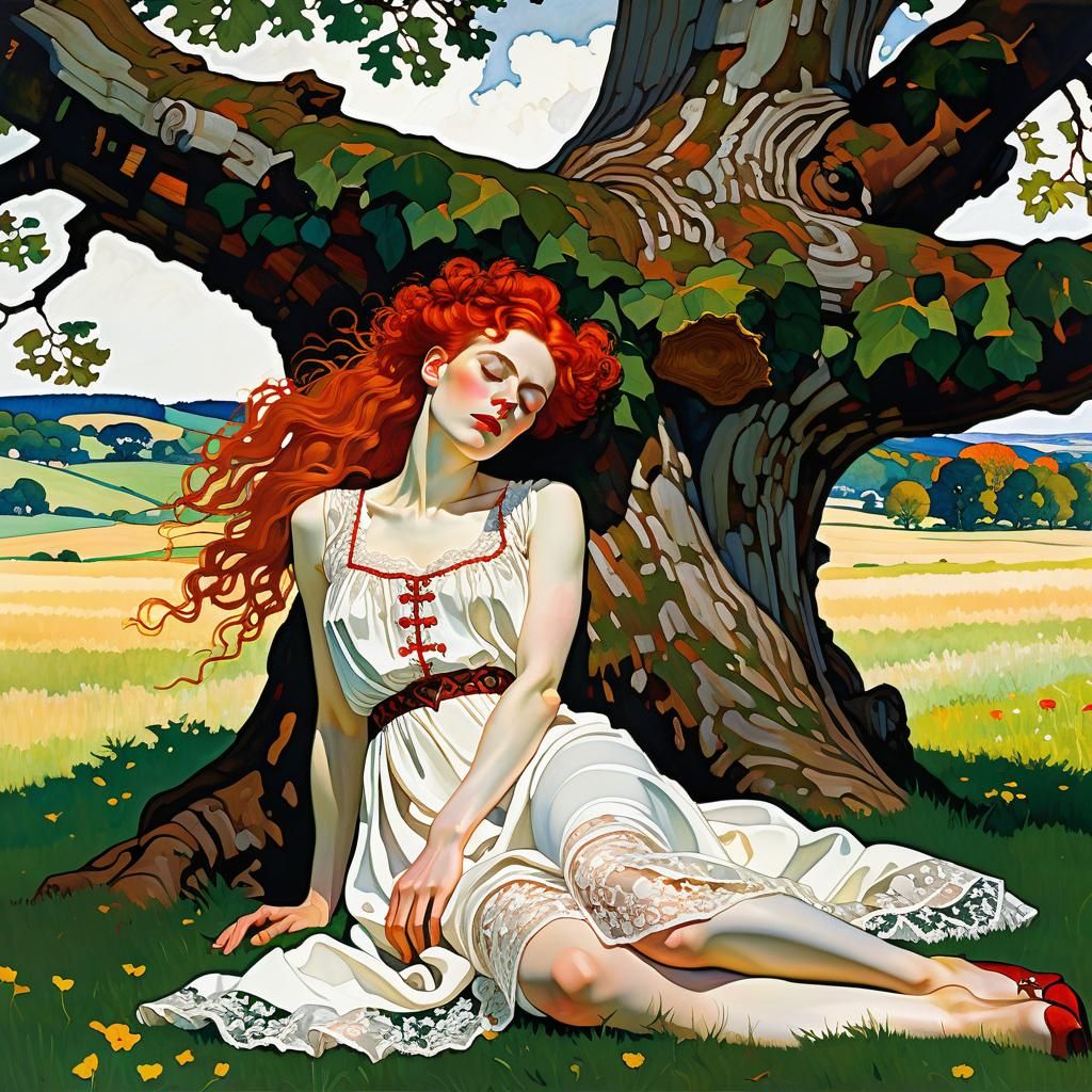 Woman Sleeping Under Oak Tree in Expressionist Style