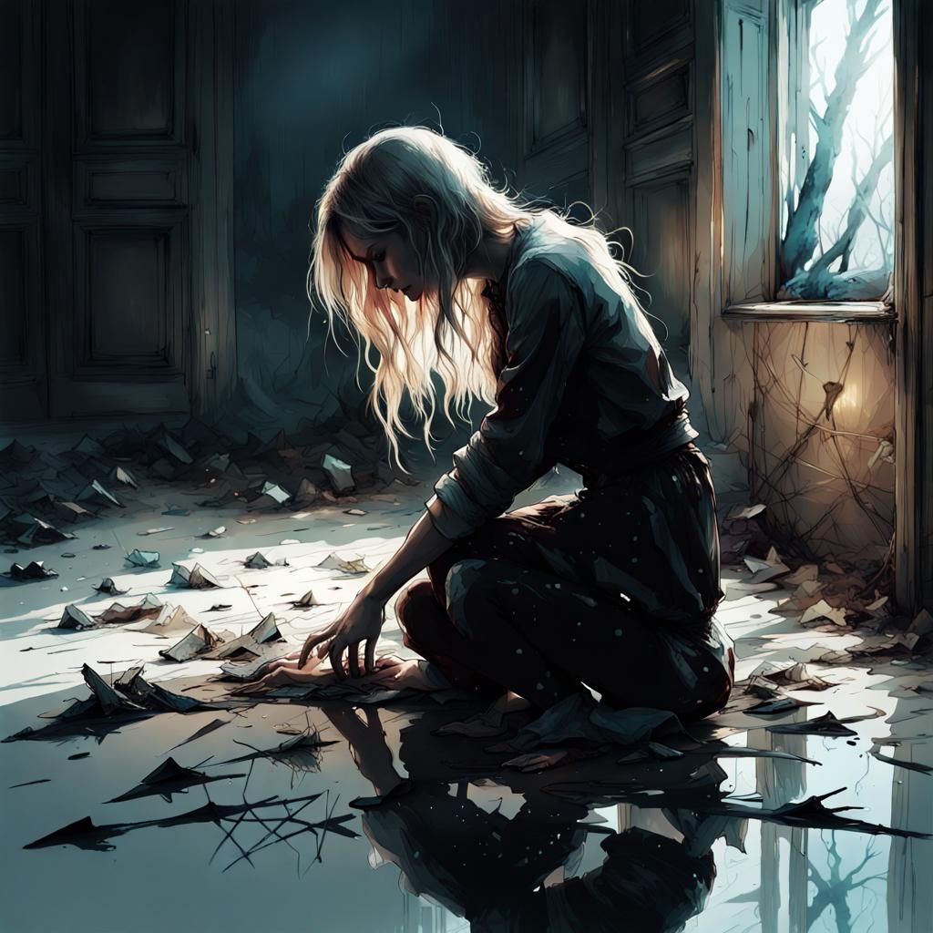 Girl Kneeling by Broken Mirror in Dark Fantasy