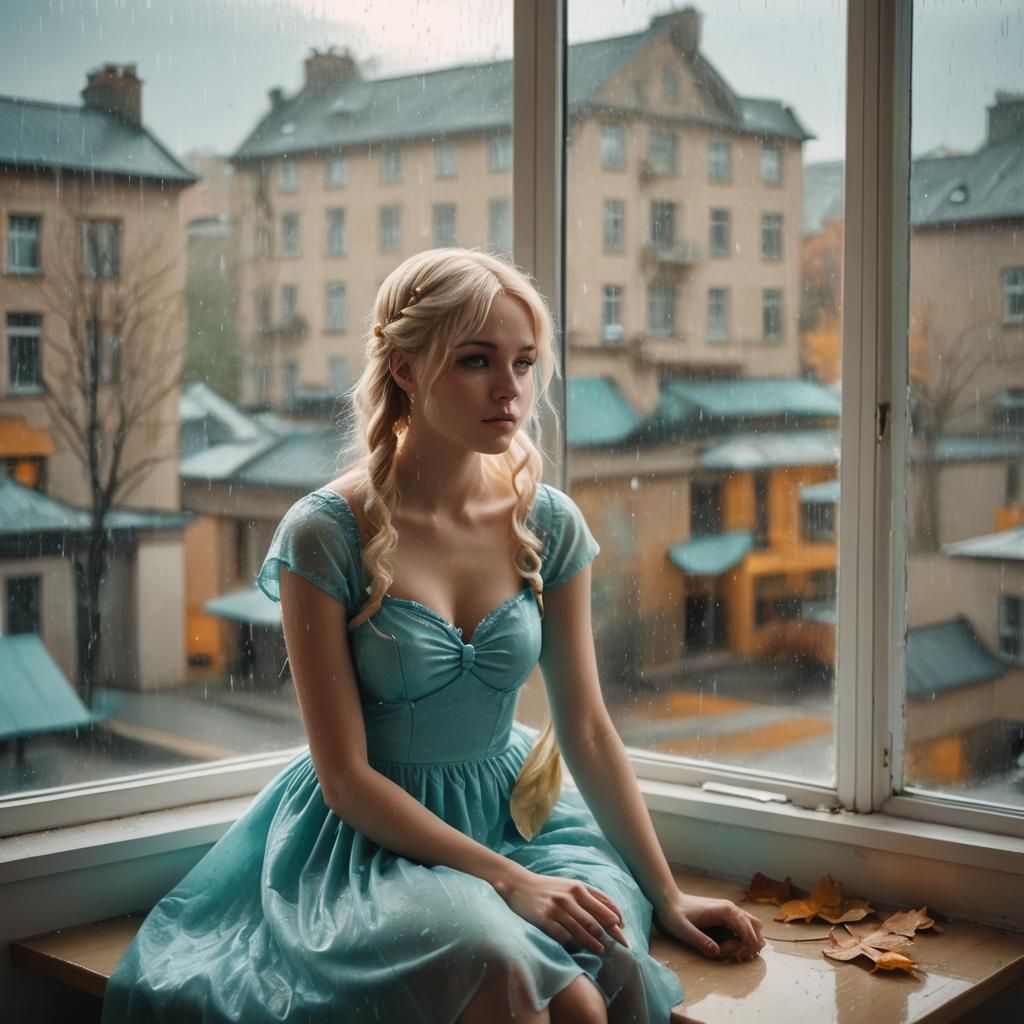 Boy in Cyan Dress on Rainy Windowsill: Cinematic Still