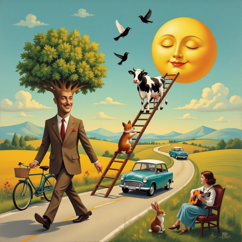 Surrealist Painting: Tree Man, Moon Cow & Bicycle