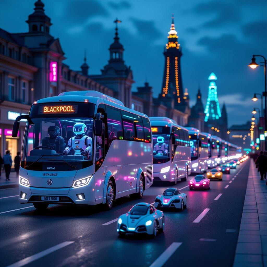 Cyberpunk Robots Illuminate Futuristic Blackpool