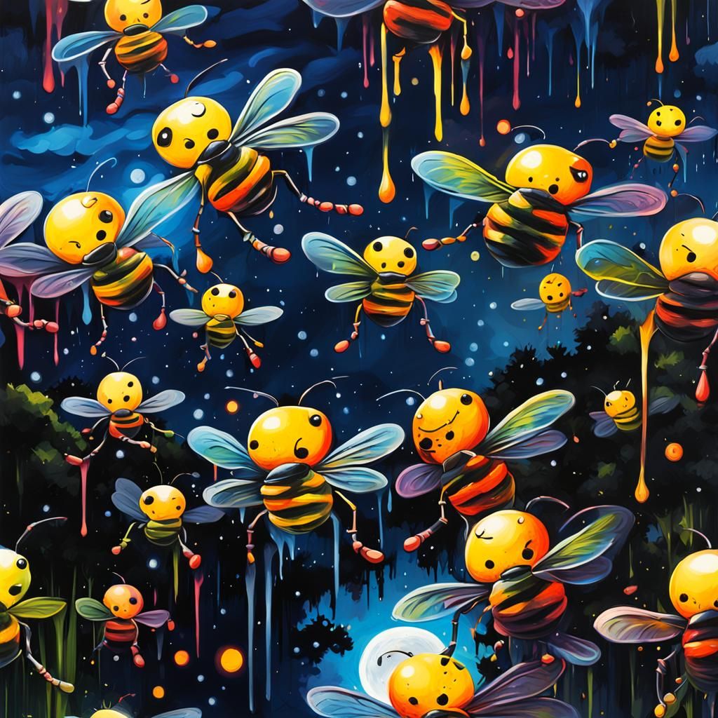 Fireflies Under Moon in Graffiti Splash Art