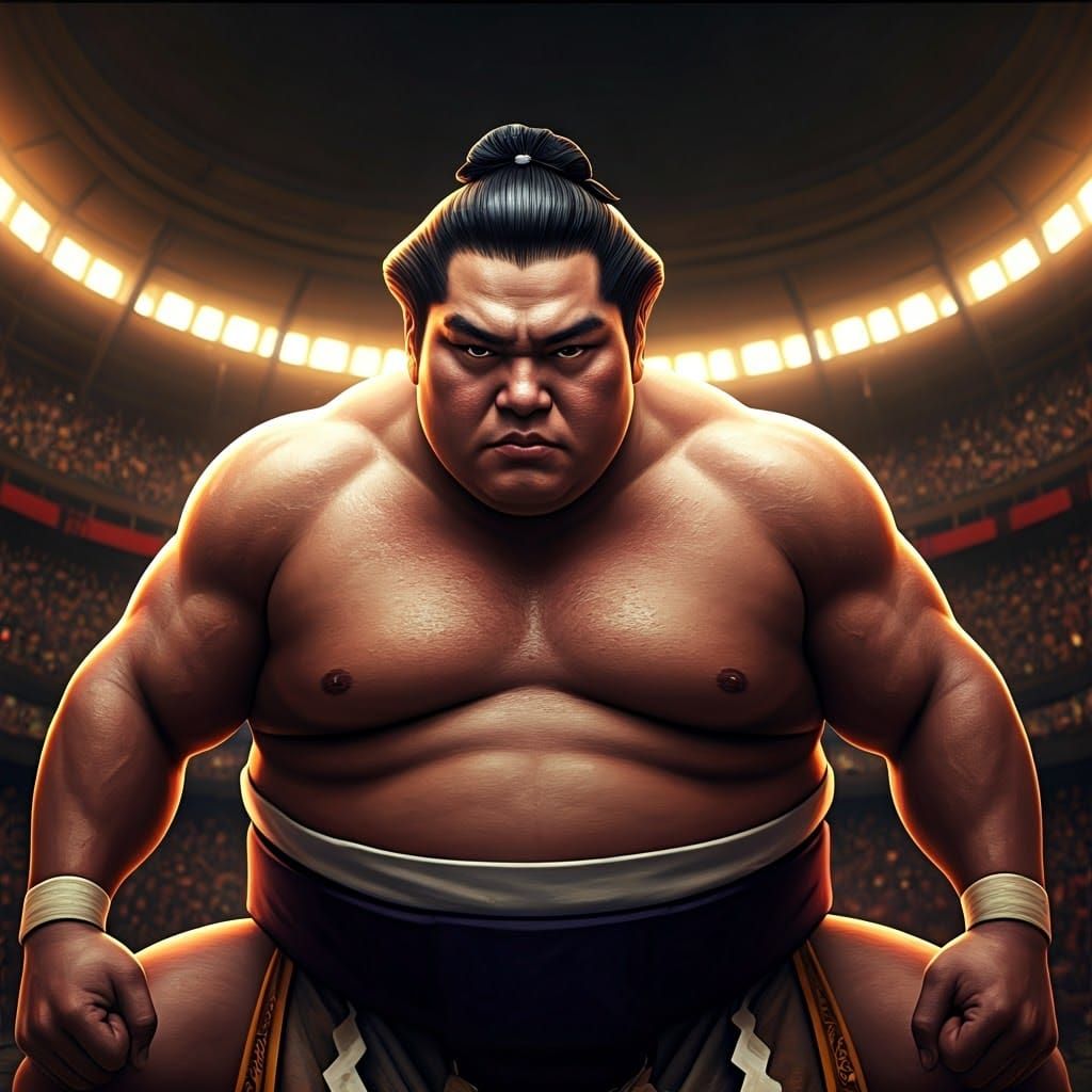 Sumo Wrestler in Traditional Stance with Packed Stadium