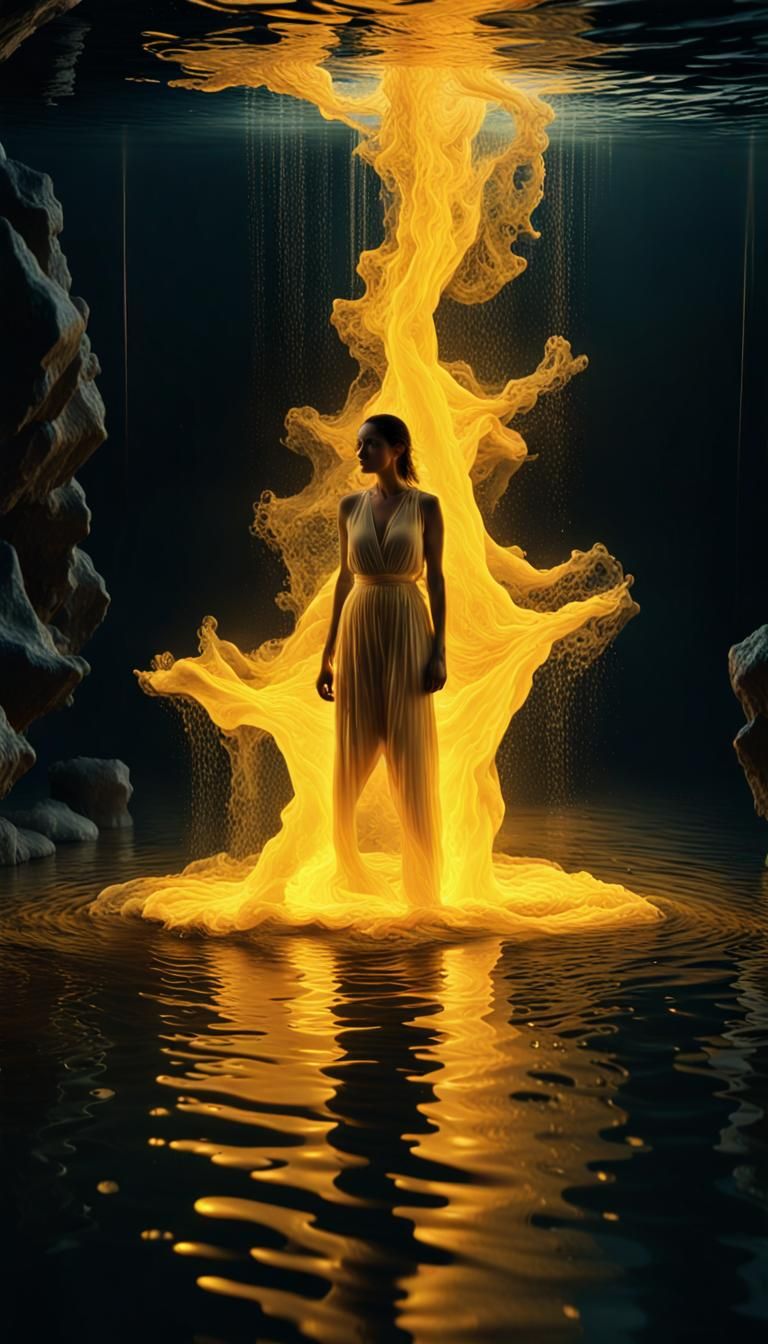 A woman standing in the middle of a stream of water, inspire...
