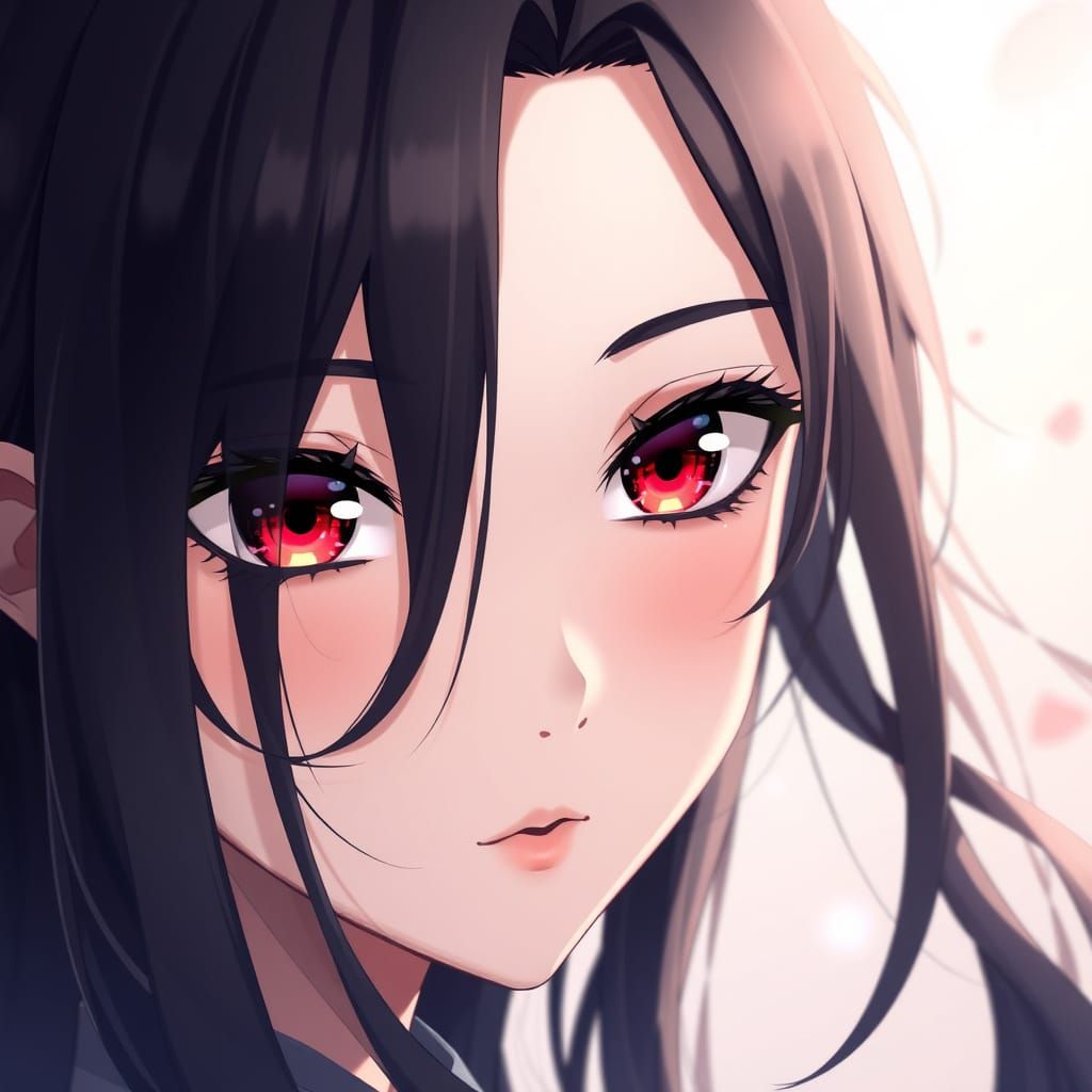 Anime Goddess with Vibrant Red Eyes and Flowing Hair