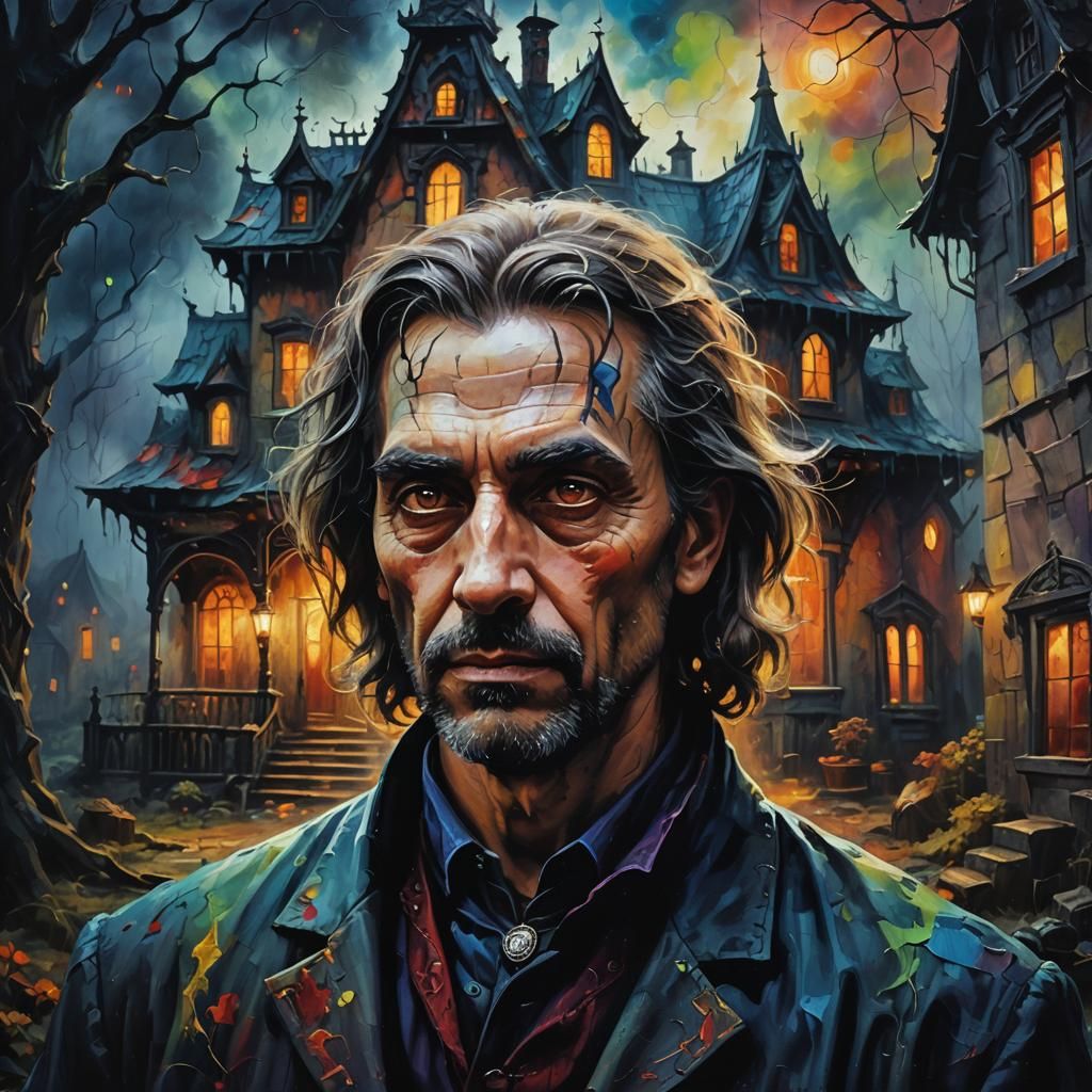 Mystical Man in Haunted House: Oil Painting