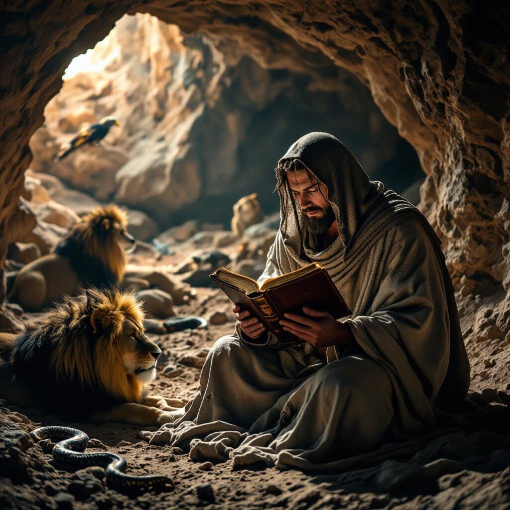 Christian Martyr Reading Bible in Desert Cave