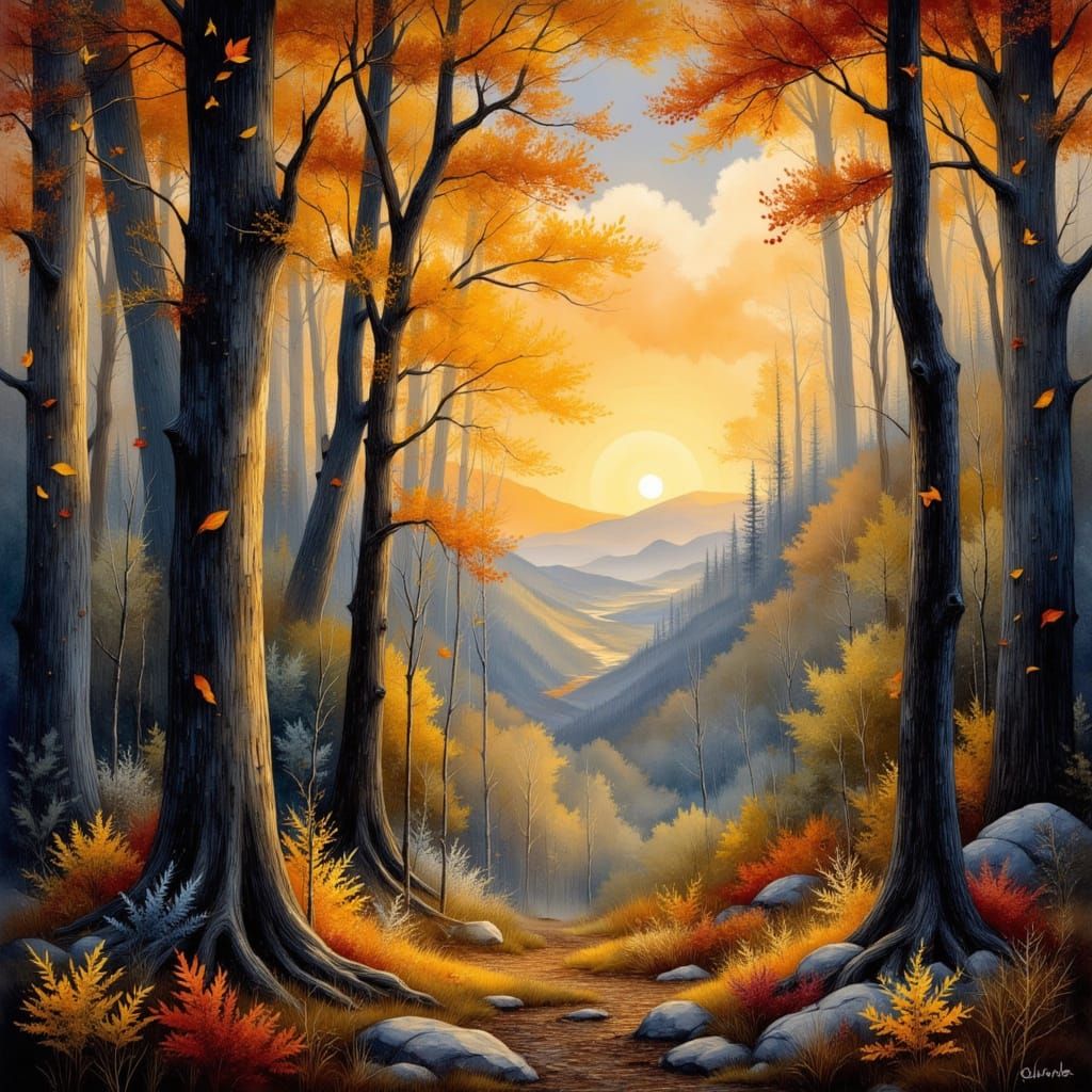 Autumn Forest Scene with Mystical Symbolism