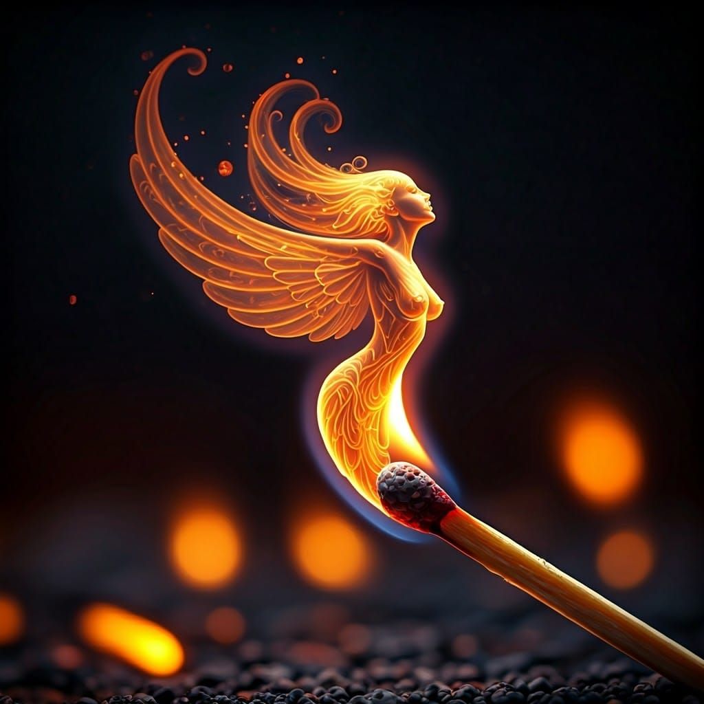 Surreal Fire Genie Erupts from a Matchstick in a Dreamlike F...