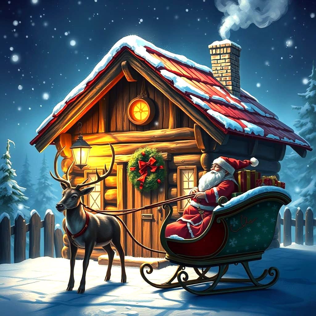 Sleigh Reindeer Gathered Outside a Cozy Winter Wonderland Ho...