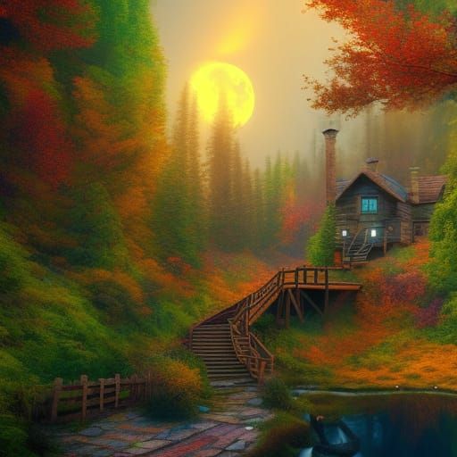Cozy Cabin in Colorful Autumn Woods at Moonlight