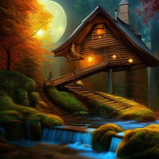 Cozy Cabin in Autumn Woods with Winding Stairway