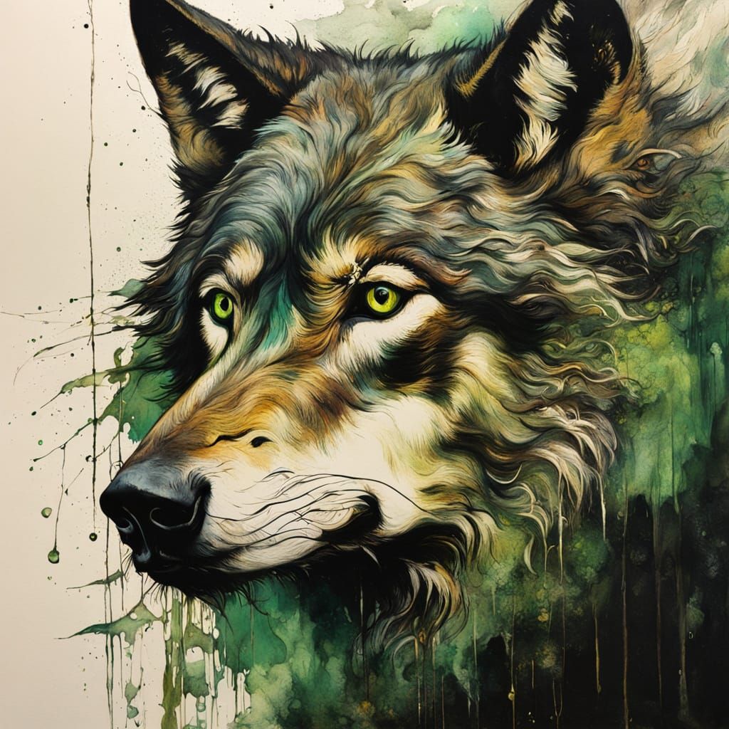 Luminescent Wolf Portrait in Oil and Ink