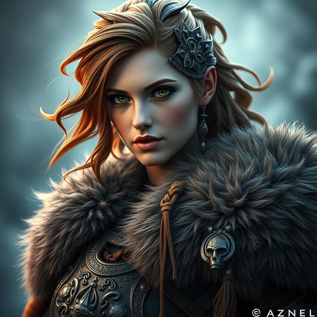 Heroic Viking Warrior Woman Portrait in Digital Art Style