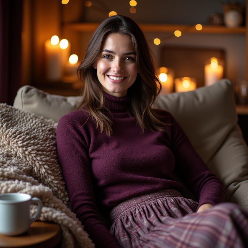 Cozy Hygge Scene with Plaid Skirt and Rich Plum Sweater