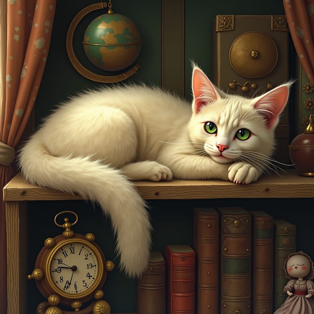 Cat on Bookcase: Whimsical Golden Age Illustration