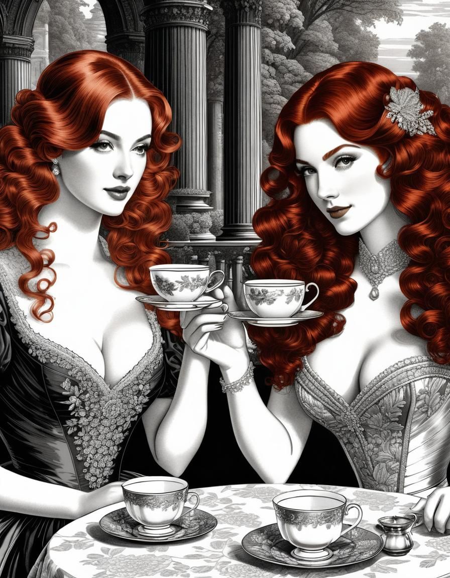 Victorian Etching: Redhead and Brunette at Tea