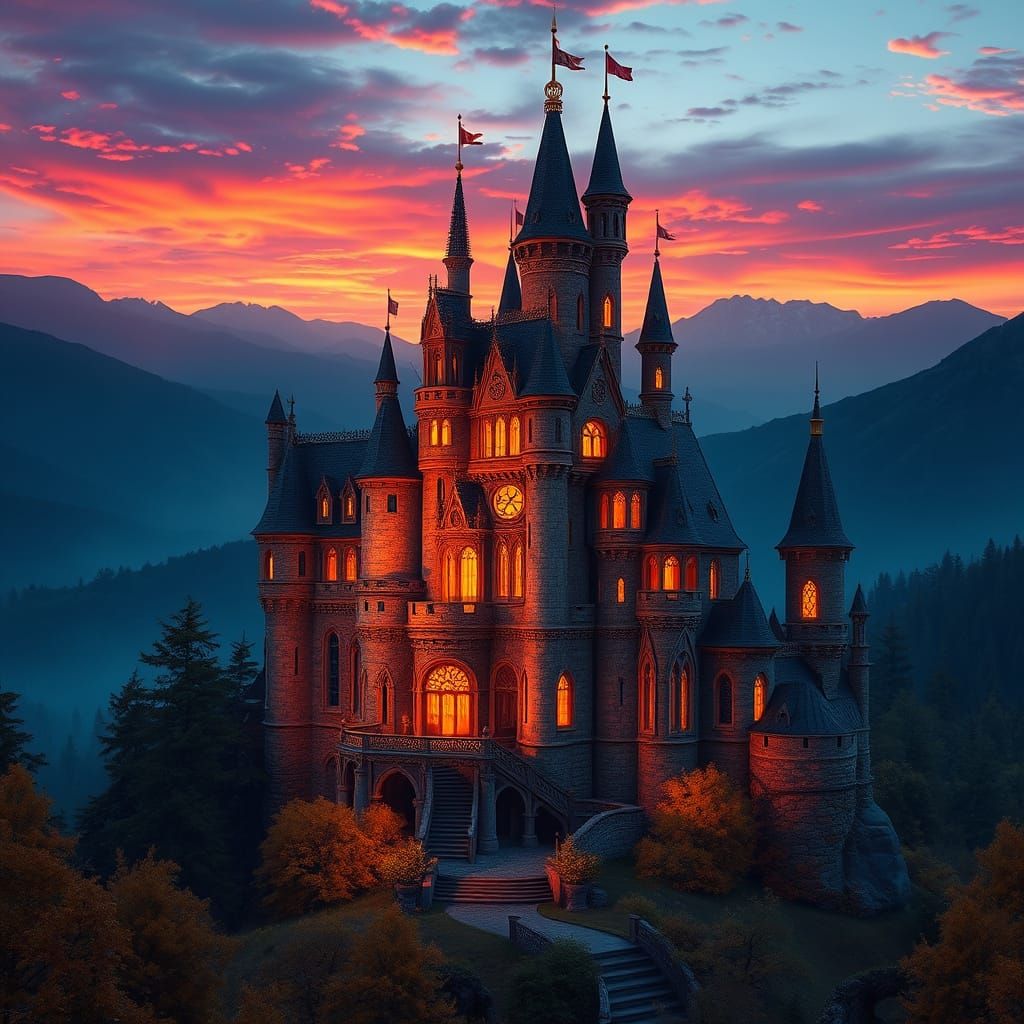 Ethereal Fantasy Castle Amidst Golden Autumnal Forest