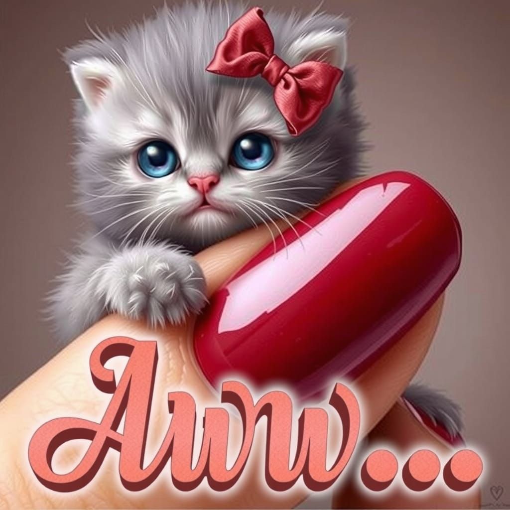 The miniature kitten on a manicured human finger with red fingernail polish, the kitten has a red satin bow in its hair,...